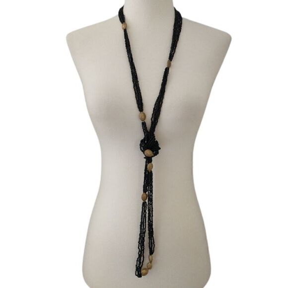 Multi Strand Beaded Necklace LONG 60" Black Seed Beads Brass Colored Stations - Picture 9 of 16